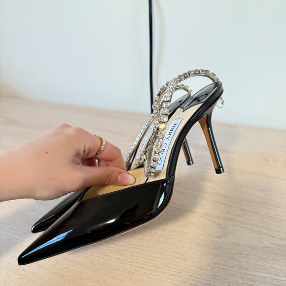 Jimmy Choo Saeda 85 Pumps Black Patent Leather Crystal Strap Pointed Toe - Picture 7 of 10